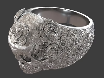 Artistic Silver Bracelet With Carved Skull Roses And Intricate Pattern Design 3d model