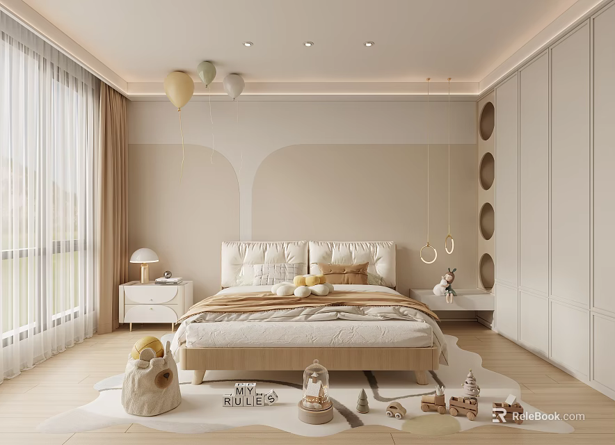 Cozy Kids Room Interior With Soft Bed Pillows Hanging Balloons And Floor Toys 3d model 