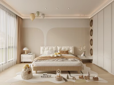 Cozy Kids Room Interior With Soft Bed Pillows Hanging Balloons And Floor Toys 3d model