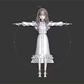 3D Humanoid Character With Purple Hair White Frilled Lace Dress Arms Outstretched On Dark Background