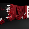Red Curtain Backdrop With Red Floral Arrangements And White Grid Panel Decor 3d model