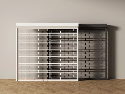 Modern Roller Shutter Design With White And Black Panels Brick Wall And Wooden Floor 3d model