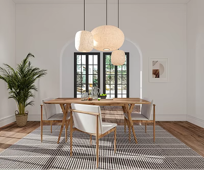 Wooden Dining Table Set With White Chairs Arched Window Pendant Lights And Green Plant 3d model