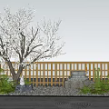 Wooden Garden Wall with Blooming Tree Stone Mill Gravel and Green Plants Under Blue Sky