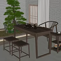 Wooden Tea Table and Chairs Set with Stools Side Table Garden Plants and Brick Wall