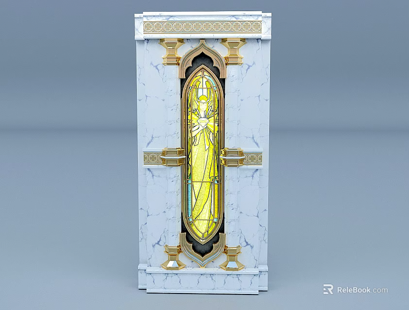 Building Exterior Wall With White Marble Surface Golden Decorations And Arched Stained Glass Window 3d model 