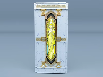 Building Exterior Wall With White Marble Surface Golden Decorations And Arched Stained Glass Window 3d model