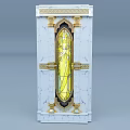 Building Exterior Wall With White Marble Surface Golden Decorations And Arched Stained Glass Window