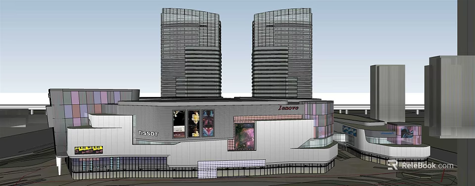 Modern Commercial Complex with High Rise Towers Retail Shops Brand Stores and Large Billboards 3d model 