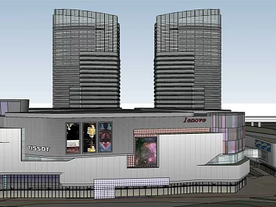 Modern Commercial Complex with High Rise Towers Retail Shops Brand Stores and Large Billboards 3d model