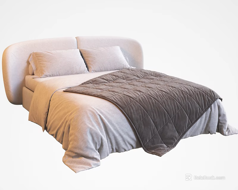 Modern White Double Bed with Curved Headboard Pillows and Cozy Blanket 3d model 