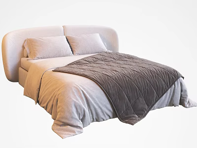 Modern White Double Bed with Curved Headboard Pillows and Cozy Blanket 3d model