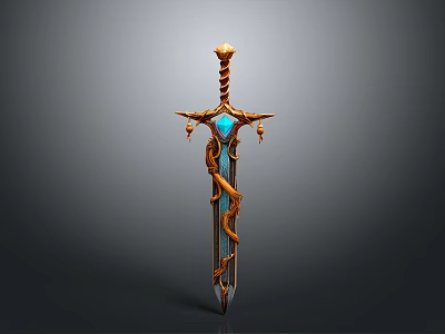 Ornate Golden Sword With Blue Gemstone Twisted Patterns And Carved Hilt 3d model