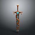 Ornate Golden Sword With Blue Gemstone Twisted Patterns And Carved Hilt