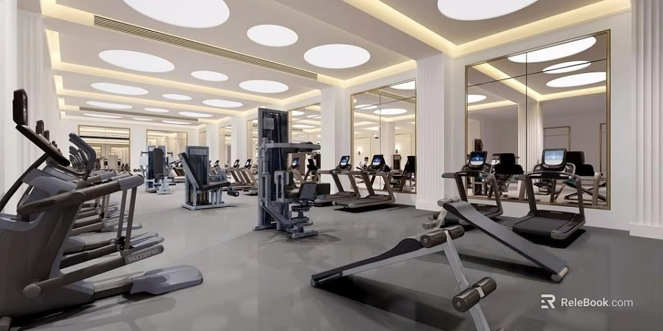 Modern Fitness Gym Interior With Various Workout Equipment Mirrors And Circular Ceiling Lights 3d model 