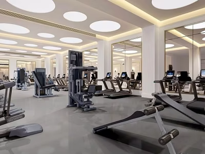 Modern Fitness Gym Interior With Various Workout Equipment Mirrors And Circular Ceiling Lights 3d model