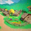 Cartoon Scene With Thatched Cottages Dirt Path Green Mountains Blue Sky White Clouds Yellow Tree And Flowers