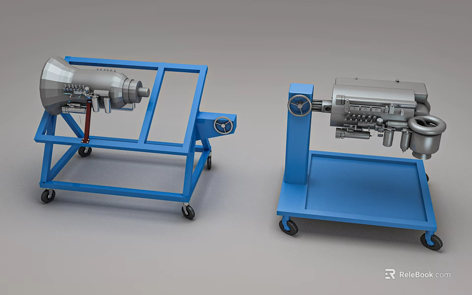 Industrial Equipment Mechanical Parts Mounted on Blue Mobile Carts with Wheels 3d model 