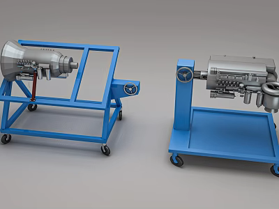 Industrial Equipment Mechanical Parts Mounted on Blue Mobile Carts with Wheels 3d model