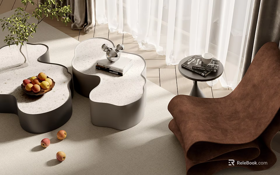 Stylish Modern Coffee Table With Unique Irregular Shape Marble Top And Decorative Items 3d model