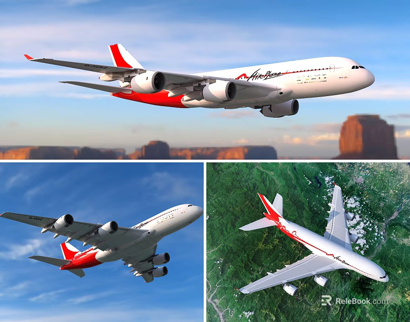 Red and White Passenger Plane Flying Over Mountainous Landscape With Blue Sky and Green Vegetation 3d model 