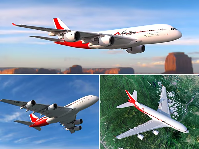 Red and White Passenger Plane Flying Over Mountainous Landscape With Blue Sky and Green Vegetation 3d model