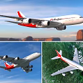Red and White Passenger Plane Flying Over Mountainous Landscape With Blue Sky and Green Vegetation