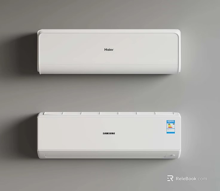 Haier and Samsung White Wall Mounted Air Conditioners on Grey Background 3d model 