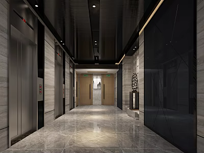 Modern Elevator Lobby Interior With Marble Floor Recessed Lighting And Metal Accents 3d model