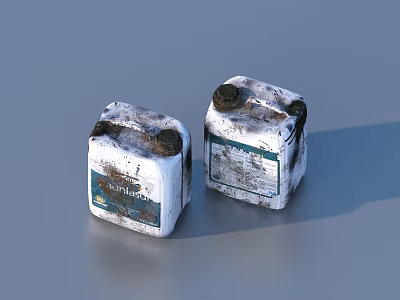 Two Old Stained Square Labeled Containers As Daily Household Supplies 3d model