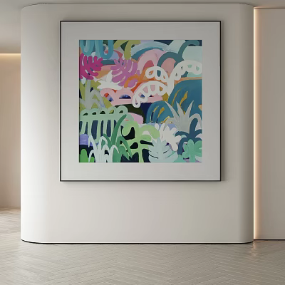 Abstract Painting with Vibrant Colorful Botanical Motifs on White Wall in Modern Interior 3d model