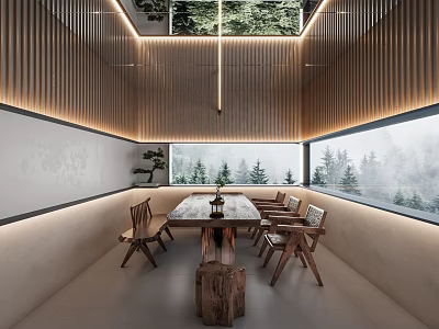 Serene Tea Room Interior With Wooden Walls Long Table Chairs And Forest View Through Windows 3d model