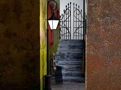 Charming Commercial Street Entrance With Wrought Iron Gate Stone Steps And Street Lamp 3d model