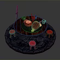 Round Wooden Dining Table With Roast Meat Cake And Red Stools On Stone Pavement