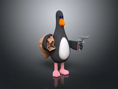 Cartoon Penguin Character With Black Body White Belly Orange Beak Carrying Sack And Holding Gun 3d model
