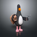 Cartoon Penguin Character With Black Body White Belly Orange Beak Carrying Sack And Holding Gun