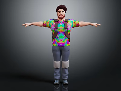 3D Animated Character Wearing Colorful Tie Dye Shirt Gray Pants Knee Pads Arms Outstretched 3d model