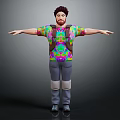 3D Animated Character Wearing Colorful Tie Dye Shirt Gray Pants Knee Pads Arms Outstretched