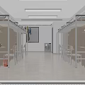 Spacious Student Dormitory Interior With Bunk Beds Desks Chairs And Washing Machine 3d model