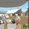 Outdoor Garden Landscape Featuring White Tents Wooden Deck Green Lawn Large Screen And Distant Mountains