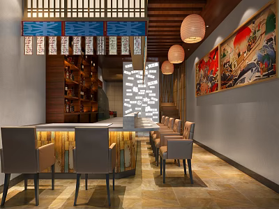 Traditional Asian Restaurant Interior Featuring Paper Lanterns Decorative Murals And Wooden Bar 3d model