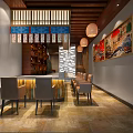 Traditional Asian Restaurant Interior Featuring Paper Lanterns Decorative Murals And Wooden Bar