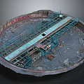 Cartoon Scene Of Circular Industrial Structure With Metal Scaffolding And Broken Ground