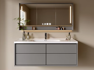 Modern Bathroom Vanity Cabinet With LED Lit Mirror Open Shelf Grey Design And Countertop Accessories 3d model