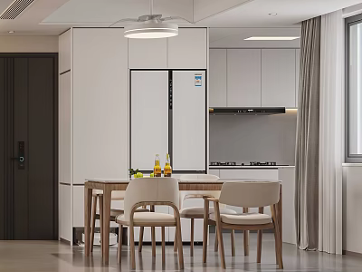 Modern Open Restaurant Kitchen With White Cabinets Double Door Refrigerator And Wooden Dining Table Chairs 3d model