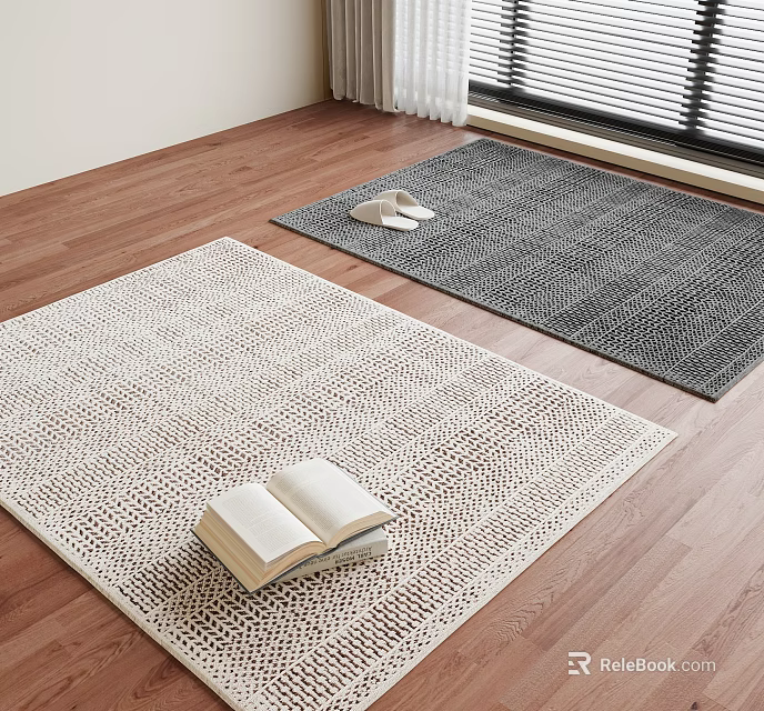 Square Woven Light And Dark Rugs With Open Book And Slippers On Wooden Floor 3d model 