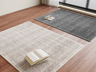 Square Woven Light And Dark Rugs With Open Book And Slippers On Wooden Floor 3d model