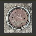 Red Rusty Circular Manhole Cover On Concrete Square Slab With Cracks 3d model