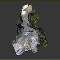 Cartoon Fantasy Landscape Scene With Rock Formations Water Area Green Plants And Floating Structure