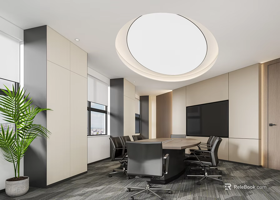 Modern Conference Room With Round Chandelier Long Table Black Chairs Green Plant And TV Wall 3d model 